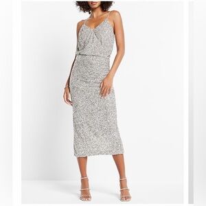 Two-piece silver sequin skirt and bodysuit